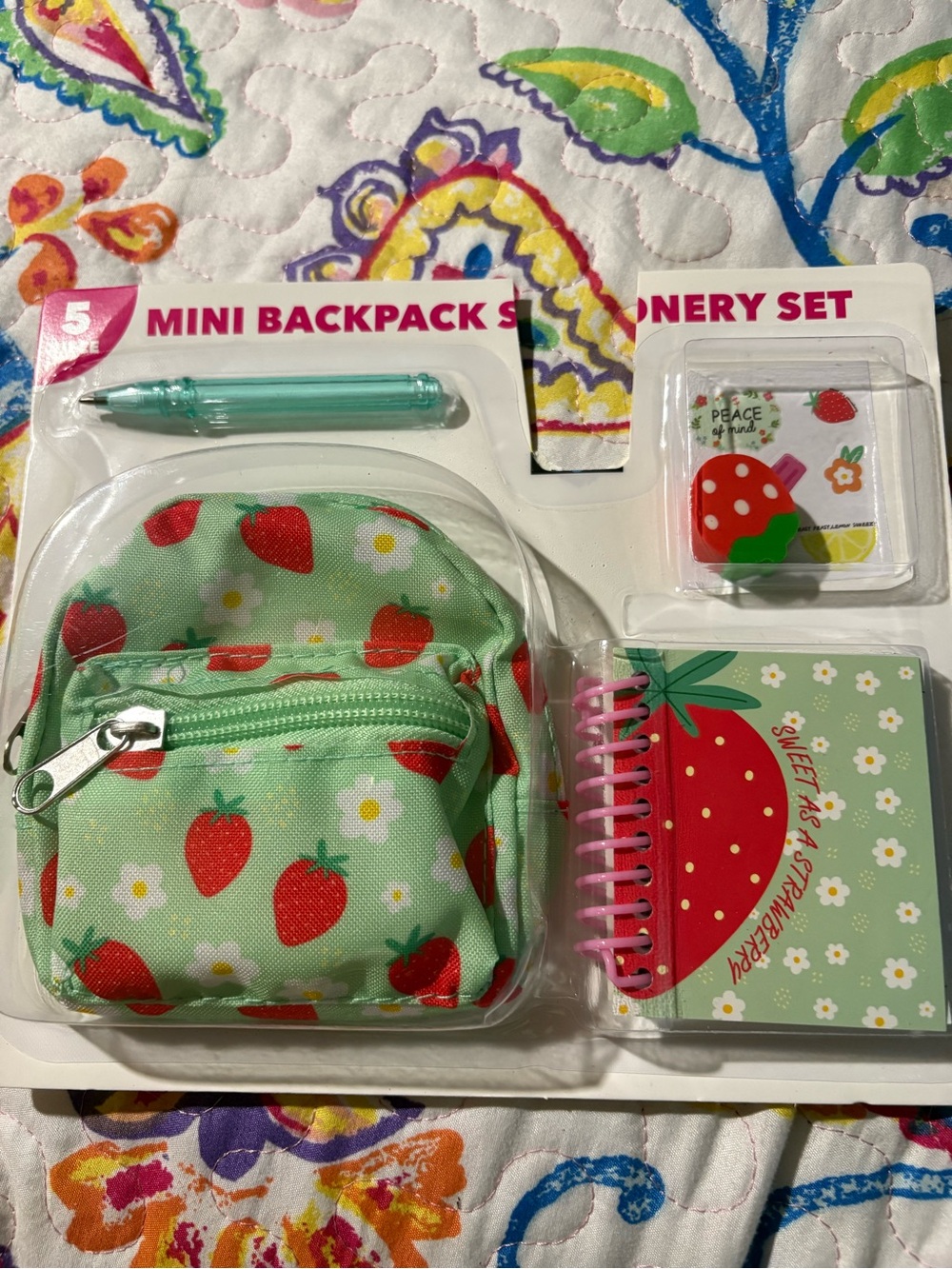 Strawberry Print Mini Backpack Stationery Set - Mint Green